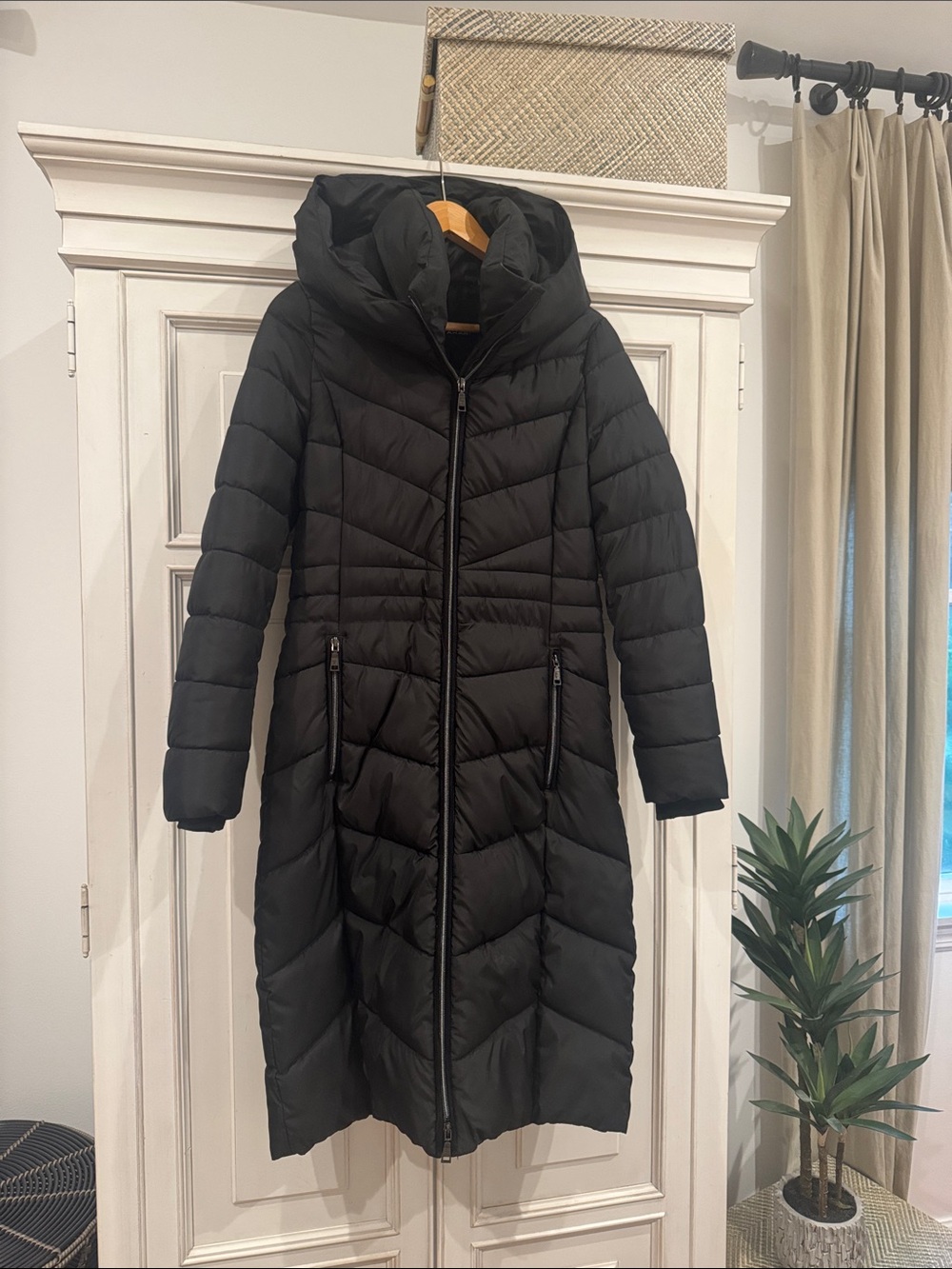 Tahari Black Long Quilted Hooded Puffer Coat